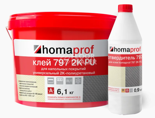 Сопутствующие материалы Homaprof 797 2K PU  Универсальный двухкомпонентный полиуретановый клей для напольных покрытий Homaprof 797 2K PU  (12,17+1,83 кг) Универсальный двухкомпонентный полиуретановый клей для напольных покрытий фото 1 | FLOORDEALER